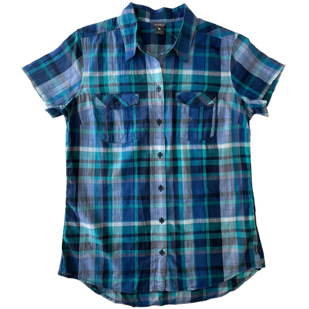Eddie Bauer Adventure Shirt Womens S Blue Teal Plaid Short Sleeve Hiking NEW $45 - Picture 2 of 10